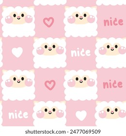 Seamless pattern of cute sheep in curve shape hand drawn with heart and nice text background.Face.Head.Cartoon farm animal character design.Image for card,poster,baby clothing.Kawaii.Illustration