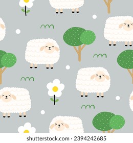 Seamless pattern with cute sheep, daisy floral, tree for your fabric, children textile, apparel, nursery decoration, gift wrap paper, baby's shirt. Vector illustration