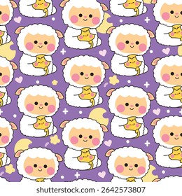 Seamless pattern of cute sheep doll hug tiny chicken with heart and star background.Friend.Love.Farm and bird animal character cartoon design.Painting book.Kawaii.Vector.Illustration.