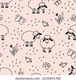 Seamless pattern with cute sheep in doodle style. A hand-drawn monochrome vector background. For postcards, invitations, textile decor, packaging, wallpaper, social media, wrapping paper, cover.