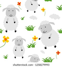 Seamless pattern cute sheep eat grass and flower. Creative childish texture for fabric, textile fashion