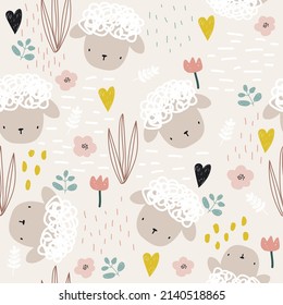 Seamless pattern with cute sheep and floral elements. Childish print. Vector hand drawn illustration.