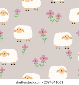 Seamless pattern with cute sheep and flower for your fabric, children textile, apparel, nursery decoration, gift wrap paper, baby's shirt. Vector illustration