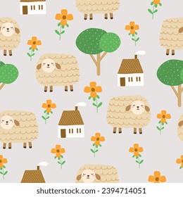 Seamless pattern with cute sheep, flower cottage, tree for your fabric, children textile, apparel, nursery decoration, gift wrap paper, baby's shirt. Vector illustration