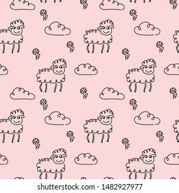 Seamless pattern. Cute Sheep , flowers and clouds. Fashionable hand-drawn design for fabric, covers and other, pink background.