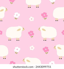 Patrón sin costura con ovejas lindas y flores para su tela, textiles para niños, ropa, decoración de vivero, papel de regalo, camisa del bebé. Ilustración de vector	
