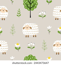 Seamless pattern with cute sheep and flowers for your fabric, children textile, apparel, nursery decoration, gift wrap paper, baby's shirt. Vector illustration