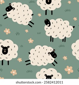 Seamless pattern with cute sheep and flowers in a flat style. Playful and charming design perfect for textiles, kids' products, and spring themes.