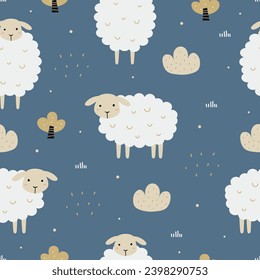 Seamless pattern with cute sheep and forest elements. Cartoon animal background. For prints, wallpapers, wrapping, textiles, vector illustrations