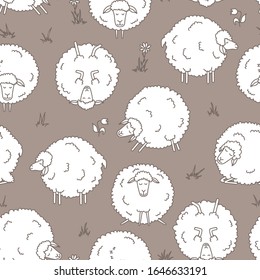 Seamless pattern with cute sheep. Hand-drawn white sheep, flowers and grass. Vector illustration.