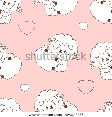 Seamless pattern with Cute Sheep with heart on soft pink background. Line drawing. Happy Holiday Valentine Funny kawaii Farm Animal. Vector illustration. Kids collection 