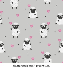 Seamless pattern with cute sheep and hearts. Baby print.