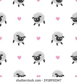 Seamless pattern with cute sheep and hearts. Baby print, textile design