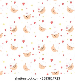 Seamless pattern with cute sheep and hearts. On a transparent background. Stars and heart. Love and friendship.