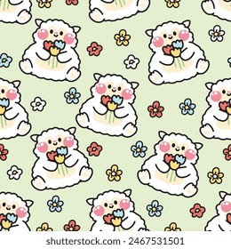 Seamless pattern of cute sheep hold flower on pastel background.Sheep animal character cartoon design.Image for card,baby product,Print screen clothing.Spring.Nature.Kawaii.Vector.Illustration.