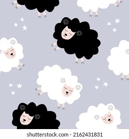 Seamless pattern with cute sheep and lambs. Loop pattern for fabric, textile, wallpaper, posters, gift wrapping paper, napkins, tablecloths. Print for kids. Children's pattern vector illustration.