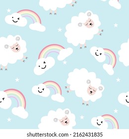 Seamless pattern with cute sheep and lambs. Loop pattern for fabric, textile, wallpaper, posters, gift wrapping paper, napkins, tablecloths. Print for kids. Children's pattern vector illustration.