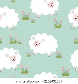 Seamless pattern with cute sheep and lambs. Loop pattern for fabric, textile, wallpaper, posters, gift wrapping paper, napkins, tablecloths. Print for kids. Children's pattern vector illustration.