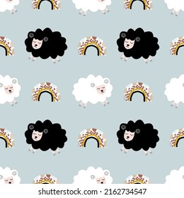Seamless pattern with cute sheep and lambs. Loop pattern for fabric, textile, wallpaper, posters, gift wrapping paper, napkins, tablecloths. Print for kids. Children's pattern vector illustration.