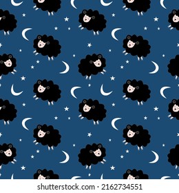 Seamless pattern with cute sheep and lambs. Loop pattern for fabric, textile, wallpaper, posters, gift wrapping paper, napkins, tablecloths. Print for kids. Children's pattern vector illustration.