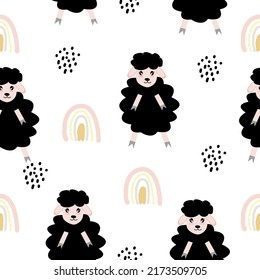 Seamless pattern with cute sheep and lambs. Loop pattern for fabric, textile, wallpaper, posters, gift wrapping paper, napkins, tablecloths. Print for kids. Children's pattern vector illustration.