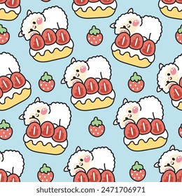 Seamless pattern of cute sheep lay on strawberry bread background.Bakery.Farm animal character cartoon design.Image for card,sticker,baby clothing.Kawaii.Vector.Illustration. 