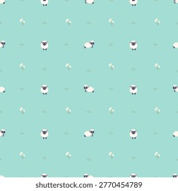 Seamless pattern with cute sheep in meadow, white flowers and grass, nursery Scandinavian style animal vector illustration on mint green background
