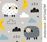 Seamless pattern with cute sheep, moon, star and cloud for your fabric, children textile, apparel, nursery decoration, gift wrap paper, baby's shirt. Vector illustration