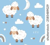 Seamless pattern with cute sheep, moon, star, rainbow and cloud for your fabric, children textile, apparel, nursery decoration, gift wrap paper, pajamas. Vector illustration