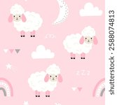 Seamless pattern with cute sheep, moon, star, rainbow and cloud for your fabric, children textile, apparel, nursery decoration, gift wrap paper, pajamas. Vector illustration