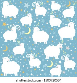 Seamless pattern with cute sheep, moon, clouds, stars.  Sweet dreams. Pastel colors. Childish background. Cute cartoon kawaii funny smiling character. Flat design. Wrapping paper, textile template. 