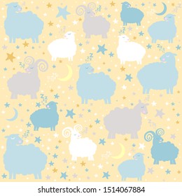 Seamless pattern with cute sheep, moon, clouds, stars.  Sweet dreams. Pastel colors. Childish background. Cute cartoon kawaii funny smiling character. Flat design. Wrapping paper, textile template. 