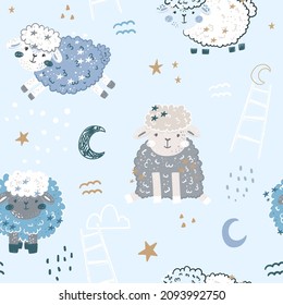 Seamless pattern with cute sheep, moon, clouds. Creative good night background. Perfect for kids apparel,fabric, textile, nursery decoration,wrapping paper.Vector Illustration