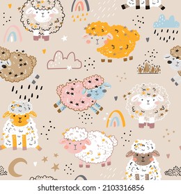 Seamless pattern with cute sheep, moon, clouds. Creative good night background. Perfect for kids apparel,fabric, textile, nursery decoration,wrapping paper.Vector Illustration