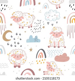 Seamless pattern with cute sheep, moon, clouds. Creative good night background. Perfect for kids apparel,fabric, textile, nursery decoration,wrapping paper.Vector Illustration