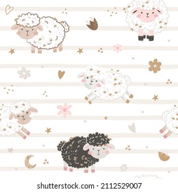 Seamless pattern with cute sheep, moon, clouds, flowers. Creative good night background. Perfect for kids apparel,fabric, textile, nursery decoration,wrapping paper.Vector Illustration