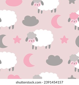 Seamless pattern with cute sheep, moon, star, cloud for your fabric, children textile, apparel, nursery decoration, gift wrap paper, baby's shirt. Vector illustration