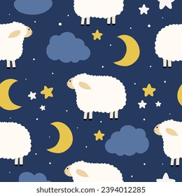Seamless pattern with cute sheep, moon, star, cloud for your fabric, children textile, apparel, nursery decoration, gift wrap paper, baby's shirt. Vector illustration