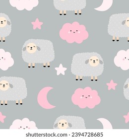 Seamless pattern with cute sheep, moon, star, cloud for your fabric, children textile, apparel, nursery decoration, gift wrap paper, baby's shirt. Vector illustration