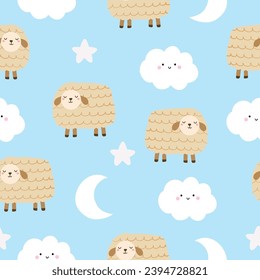 Seamless pattern with cute sheep, moon, star, cloud for your fabric, children textile, apparel, nursery decoration, gift wrap paper, baby's shirt. Vector illustration