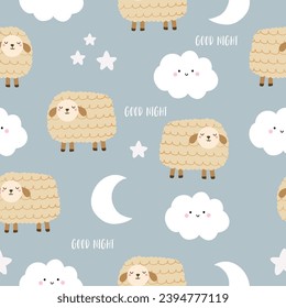 Seamless pattern with cute sheep, moon, star, cloud for your fabric, children textile, apparel, nursery decoration, gift wrap paper, baby's shirt. Vector illustration