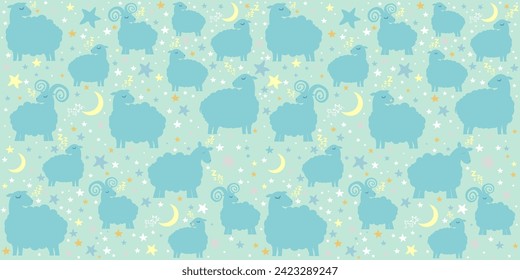 Seamless pattern with cute sheep, moon, clouds, stars. Sweet dreams. Pastel colors. Childish background. Flat design. Good for textile fabric design, wrapping paper, website wallpapers, textile Vector