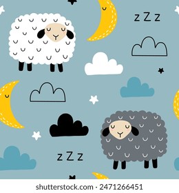 Seamless pattern with cute sheep, moon, star and cloud for your fabric, children textile, apparel, nursery decoration, gift wrap paper, baby's shirt. Vector illustration