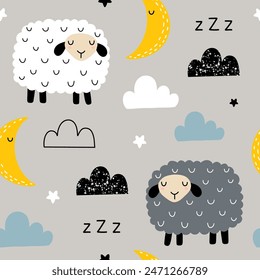 Patrón sin costuras con ovejas lindas, luna, estrella y nube para su tela, textiles para niños, ropa, decoración de vivero, papel de regalo, camisa del bebé. Ilustración vectorial