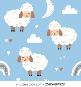 Seamless pattern with cute sheep, moon, star, rainbow and cloud for your fabric, children textile, apparel, nursery decoration, gift wrap paper, pajamas. Vector illustration