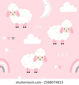 Seamless pattern with cute sheep, moon, star, rainbow and cloud for your fabric, children textile, apparel, nursery decoration, gift wrap paper, pajamas. Vector illustration