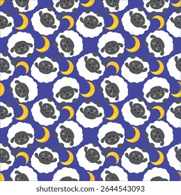Padrão contínuo com ovelhas bonitas e lua. Ilustração vetorial.