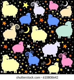 Seamless pattern with cute  sheep, moon, clouds, stars. Childish  background. Vector illustration