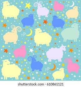 Seamless pattern with cute  sheep, moon, clouds, stars. Pastel colors. Childish  background. Vector illustration