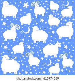 Seamless pattern with cute sheep, moon, clouds, stars. Pastel colors. Childish background. Vector illustration